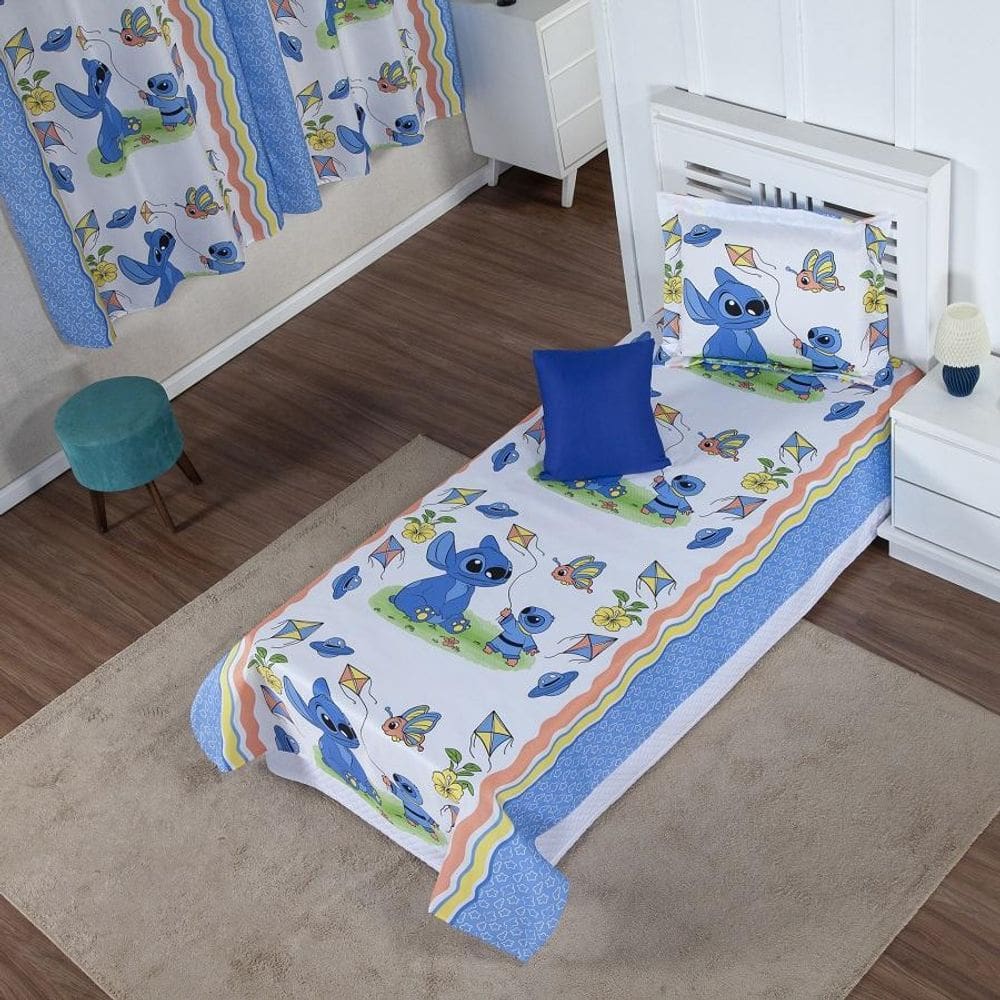 Colcha Cobre Leito Infantil Stitch Azul Solteiro + Capa