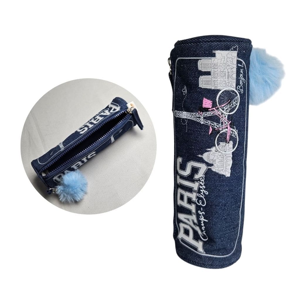 Estojo Paris Torre Eiffel Pompom Jeans Azul Escolar Charme Organização Lápis Caneta Aula Material