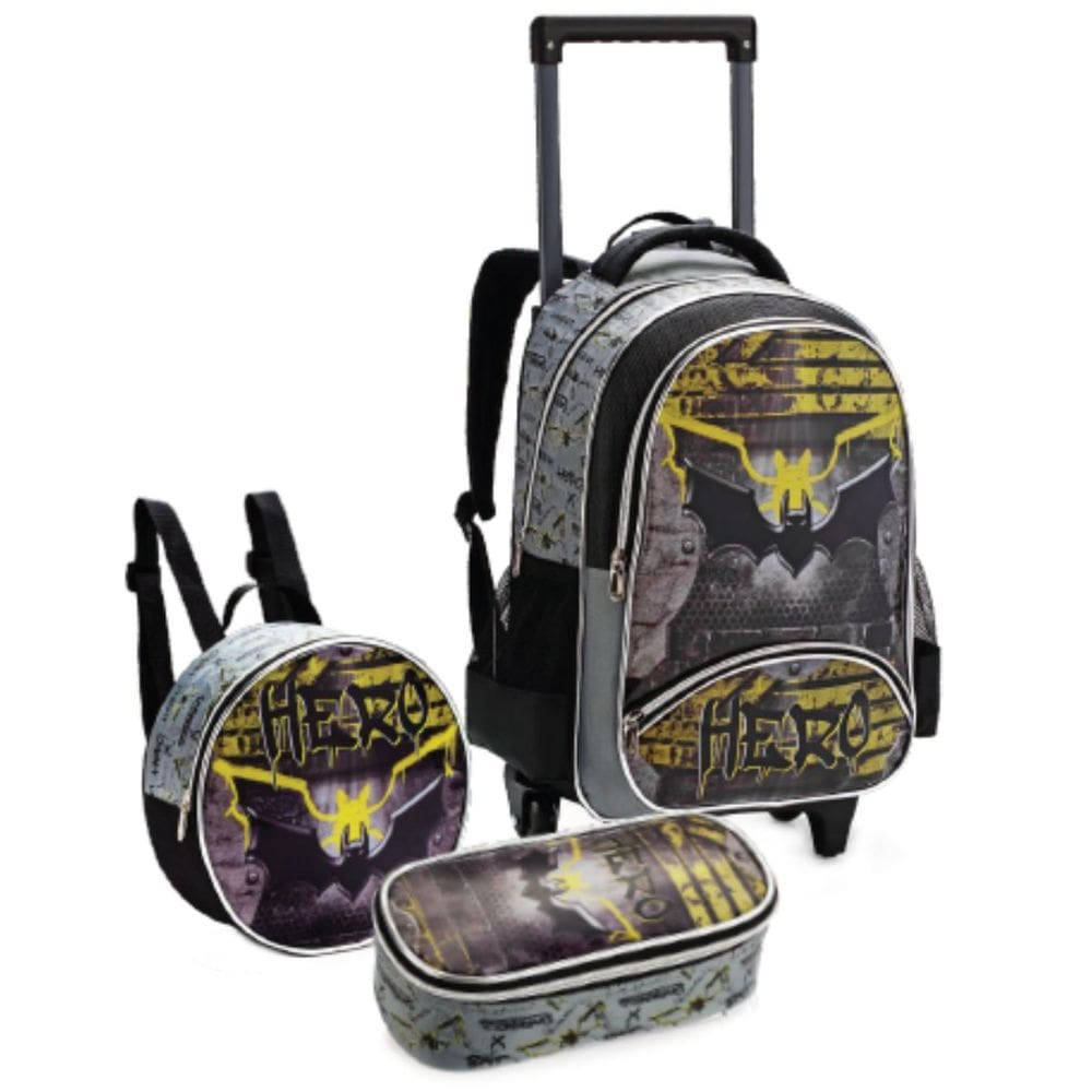 Kit Escolar Meninos Mochila Rodinhas Reforçada Alça de Costas Lancheira e Estojo - Hero - Denlex