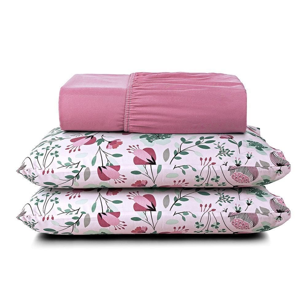 Jogo Lençol Celi Casal Estampado 200 Fios 3Peças Floral Rosa