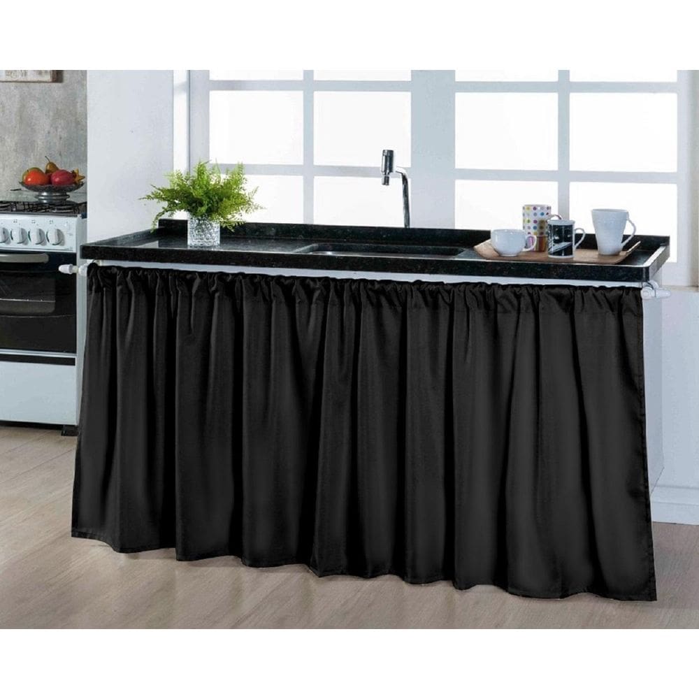 Cortina Pia Cozinha Balcão 80Cm De Altura Tecido Liso Preto