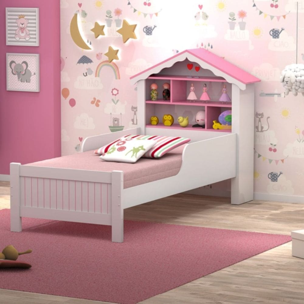 Cama Solteiro Casa Princesa Branco Rosa