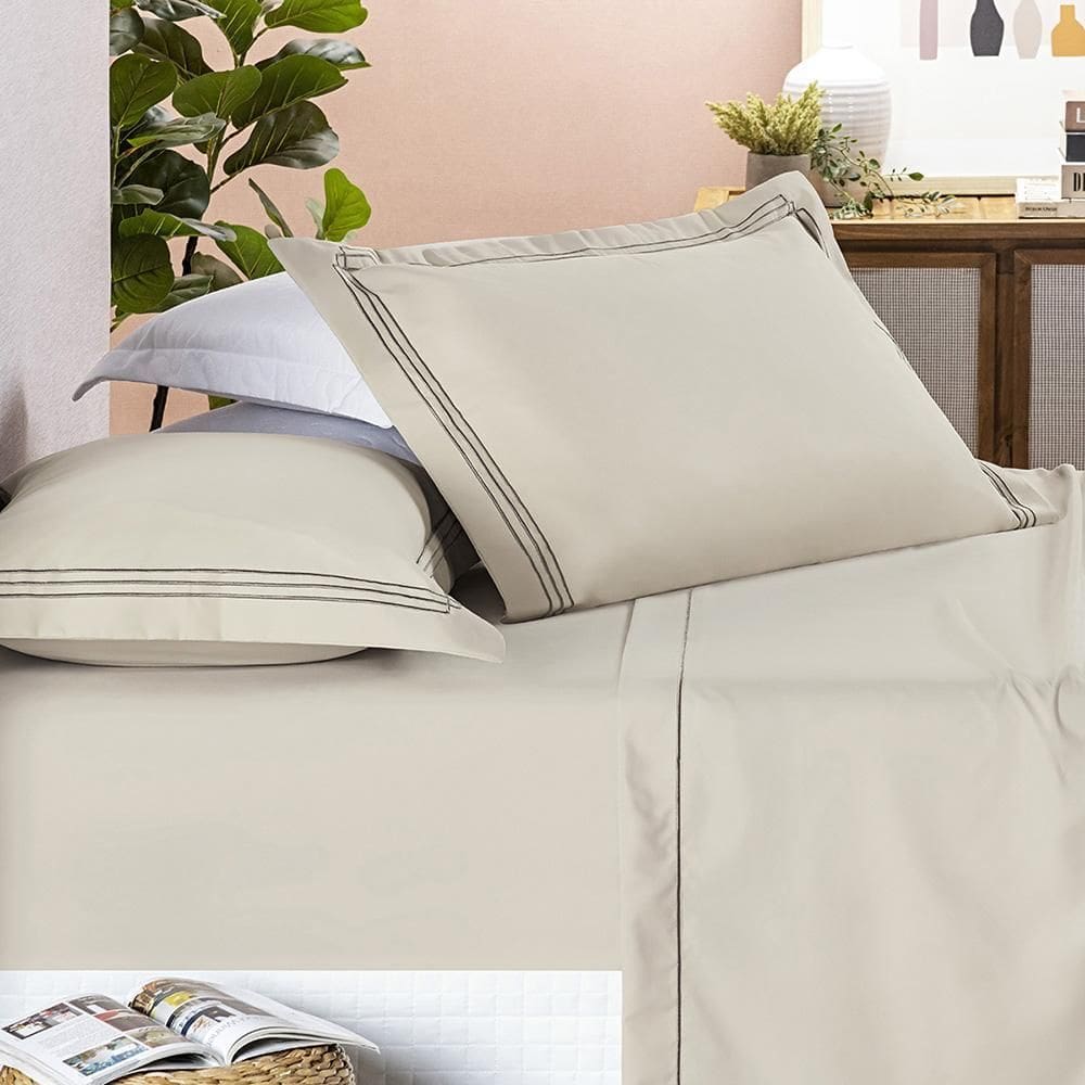 Jogo Cama Lençol Trivio Queen 400 Fios Bordado 4Peças Bege