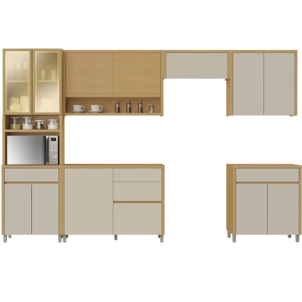 Armário De Cozinha Completa 100% Mdf 12 Portas 5 Gavetas Cléo Madeirado/Off White Nesher