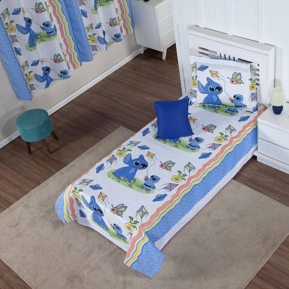 Colcha Cobre Leito Infantil Stitch Azul Solteiro + Capa