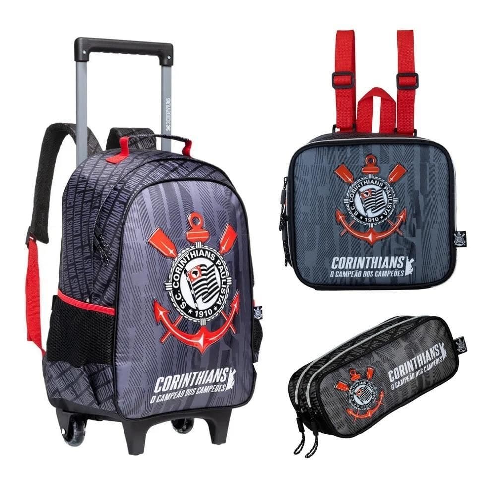 Kit Mochila Carrinho Lancheira Térmica E Estojo Corinthians