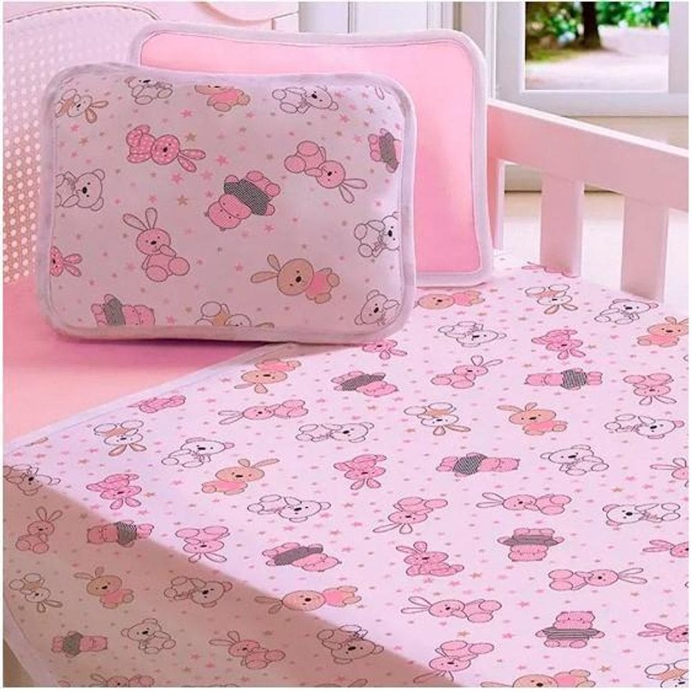 Jogo Berço Bebê Lençol Fronha Malha Animais Rosa