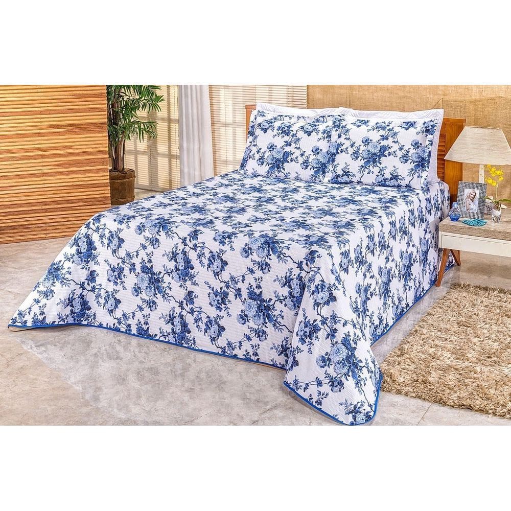Cobre Leito Colcha Piquet Algodão Floral Azul Casal Queen