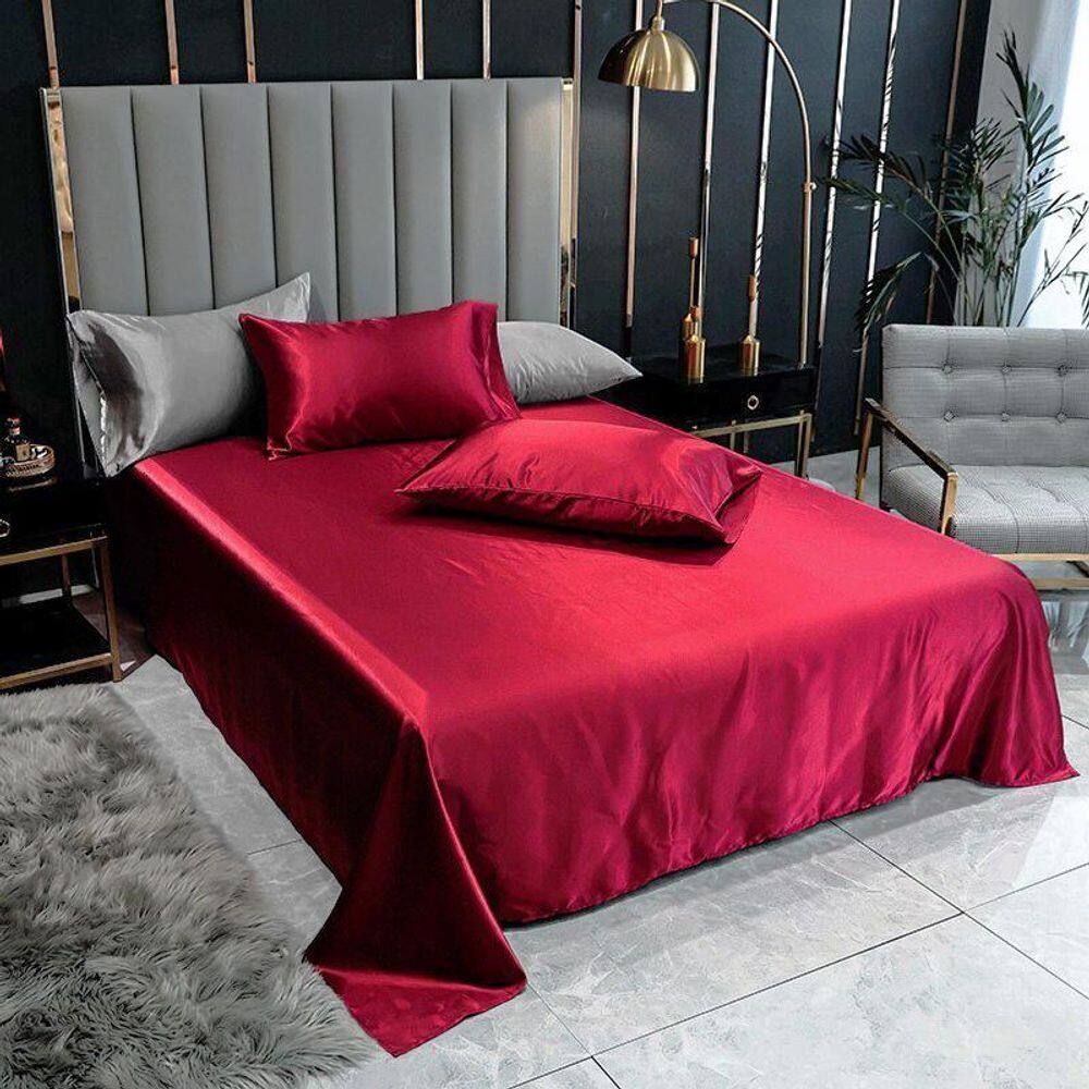 Lençol Superior Casal Queen 2 Fronhas Cetim Seda Vermelho