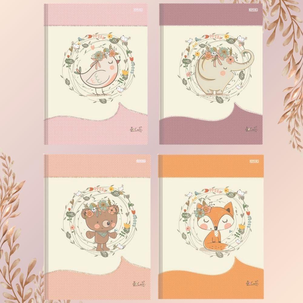 Kit 04 Caderno Brochura Grande Universitário Pautado Animais Fofos 48 Folhas SO CUTE - Animativa