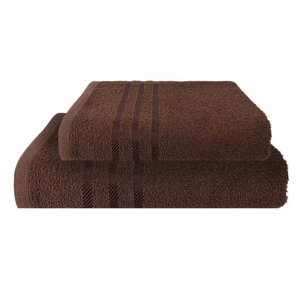 1 Toalha De Banho E 1 Rosto Marrom 3 Barras 100% Algodão