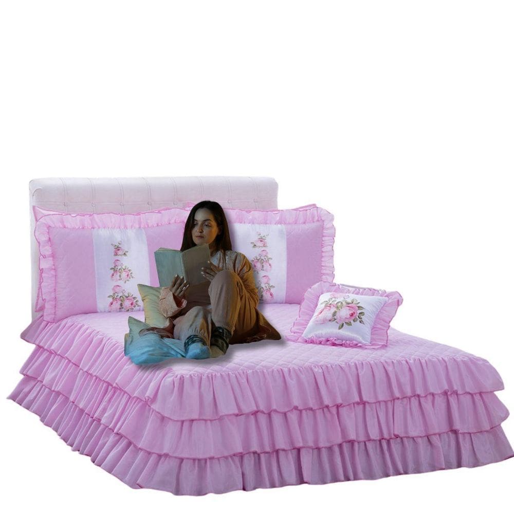 Jogo De Colcha Casal Sofia Rosa Com Babados