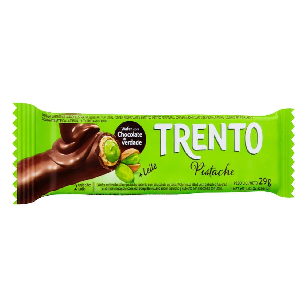 Chocolate Trento Wafer Recheado Sabor Pistache com Cobertura de Chocolate ao Leite 29g
