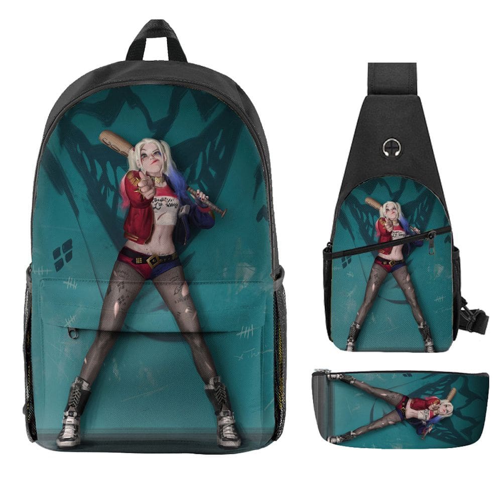 Conjunto de mochilas Harleys Quinns Anime, 3 peças para mochila escolar infantil