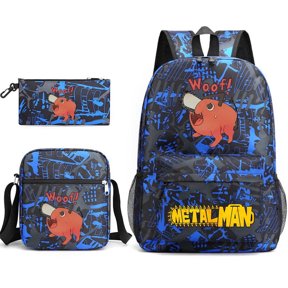 Conjunto de mochilas, 3 peças, motosserras, bolsa escolar de anime Mans Pochita
