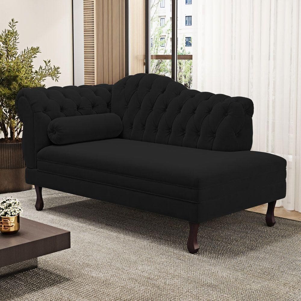 Divã Recamier Lavínia Clássico 120cm Capitonê Com Pés De Madeira Suede Preto - Desk Design