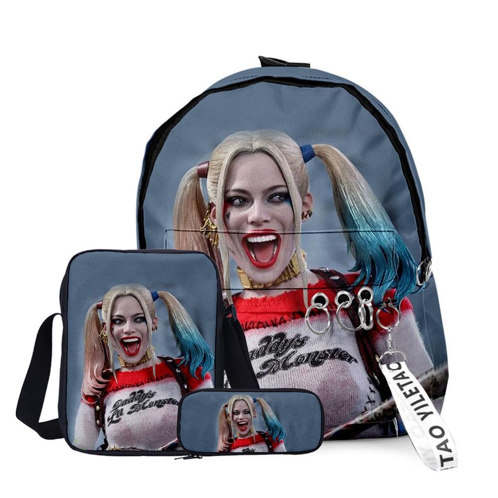 Conjunto de mochilas Harleys Quinns School Bag para crianças 3D Anime