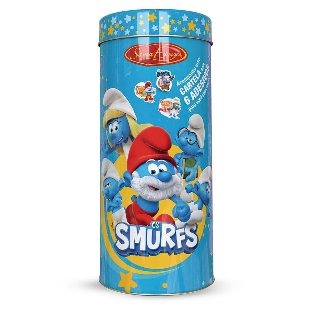 Biscoito Santa Edwiges Os Smurfus Mini Ao Leite Ganhe 1 Cartela com 6 Adesivos Lata