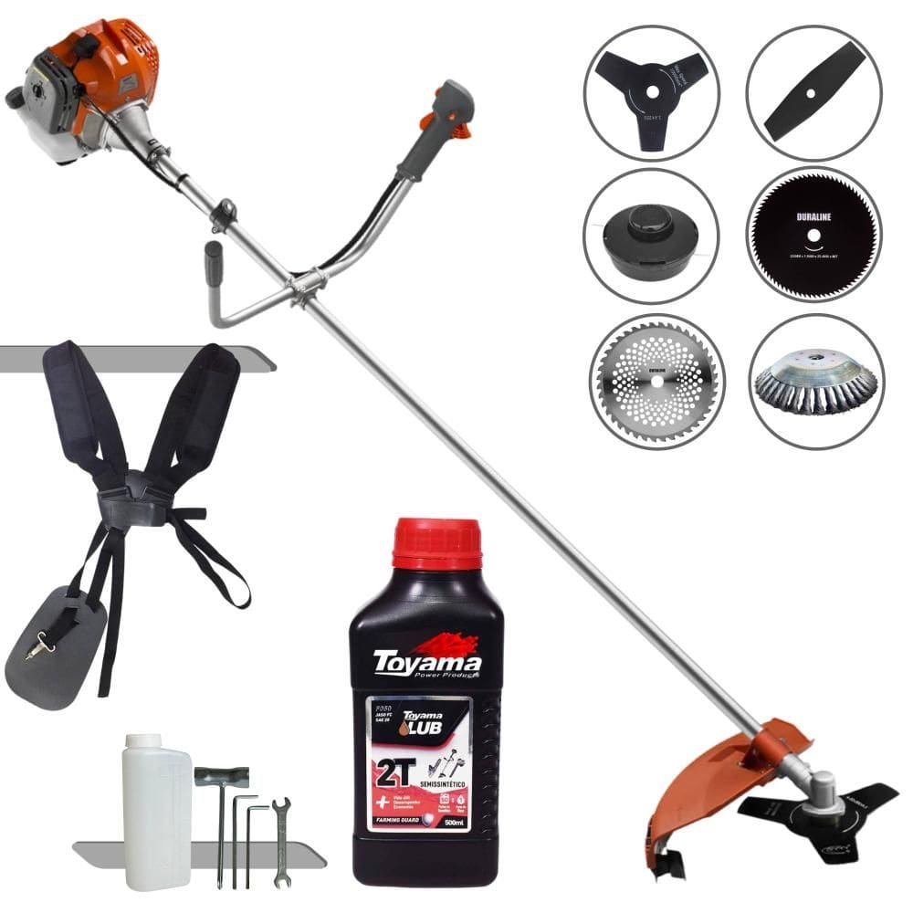 Roçadeira Tekna RL430ACNTK À Gasolina 43cc 1,7HP 6 Em 1 Com Carretel + Faca 2 Pontas, 3 Pontas, 40 Dentes e 80 Dentes + Escova de Aço + ÓLEO TOYAMA