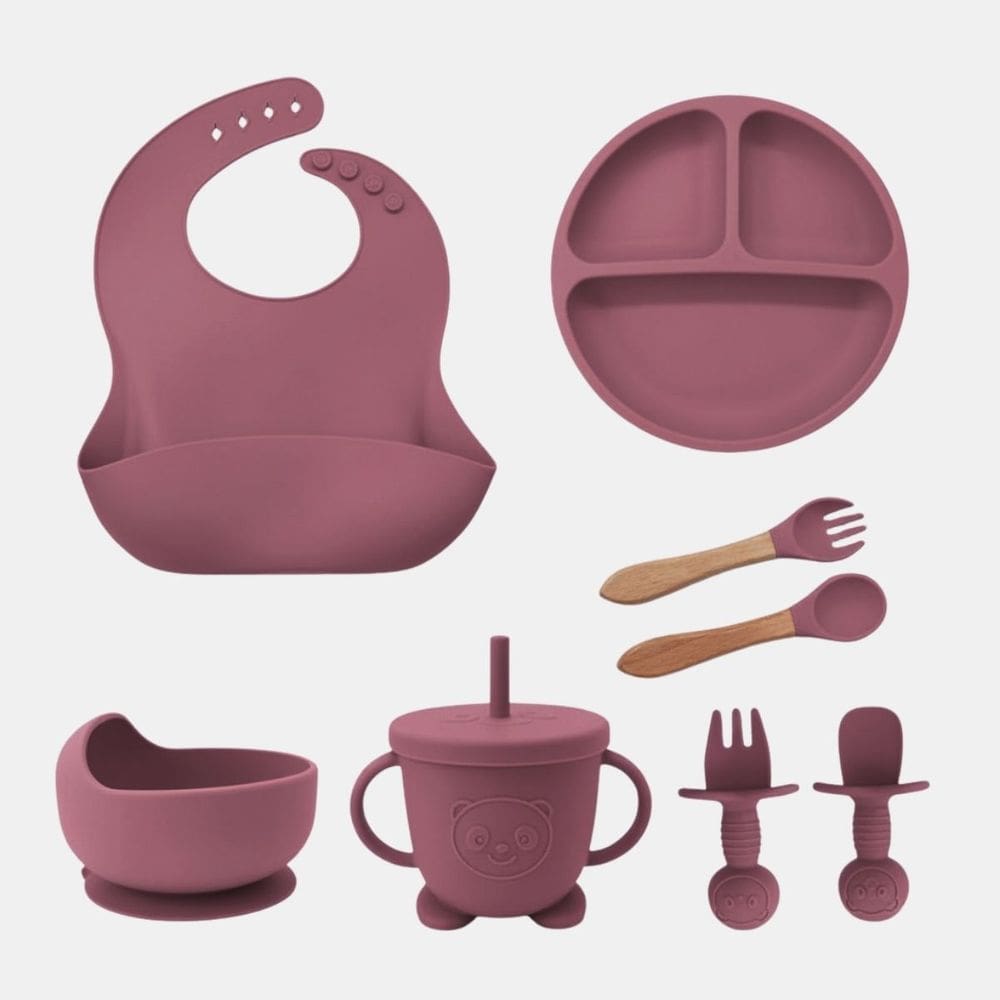 Kit Refeição 8 peças Alimentação do Bebê SiliconeTalheres com Ventosa Canudo Babador Cata migalha