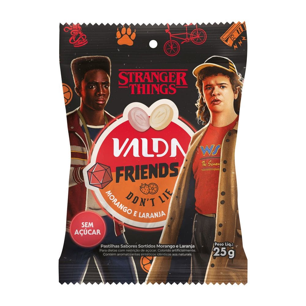 Pastilhas Valda Stranger Things Friends Don`T Lie Sabor Morango e Laranja Sem Açúcar 25g