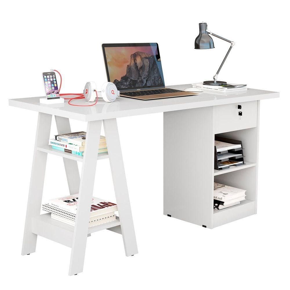 Mesa Escrivaninha Para Escritório 1 Gaveta Com Chave Boreal Branco