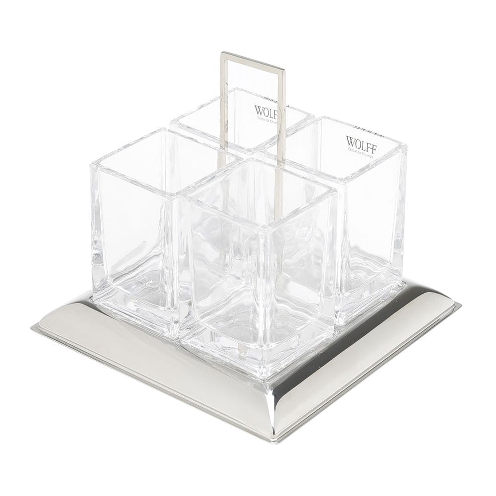 Porta Talheres de Cristal C/4 Divisórias e Base de Prata Torcello 24x22cm Wolff