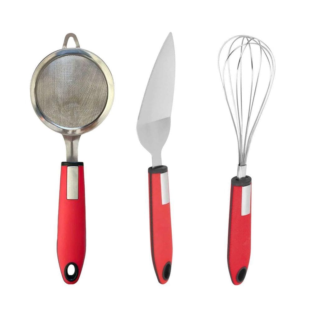 Kit Cozinha - Peneira Inox Espátula E Batedor Vermelho