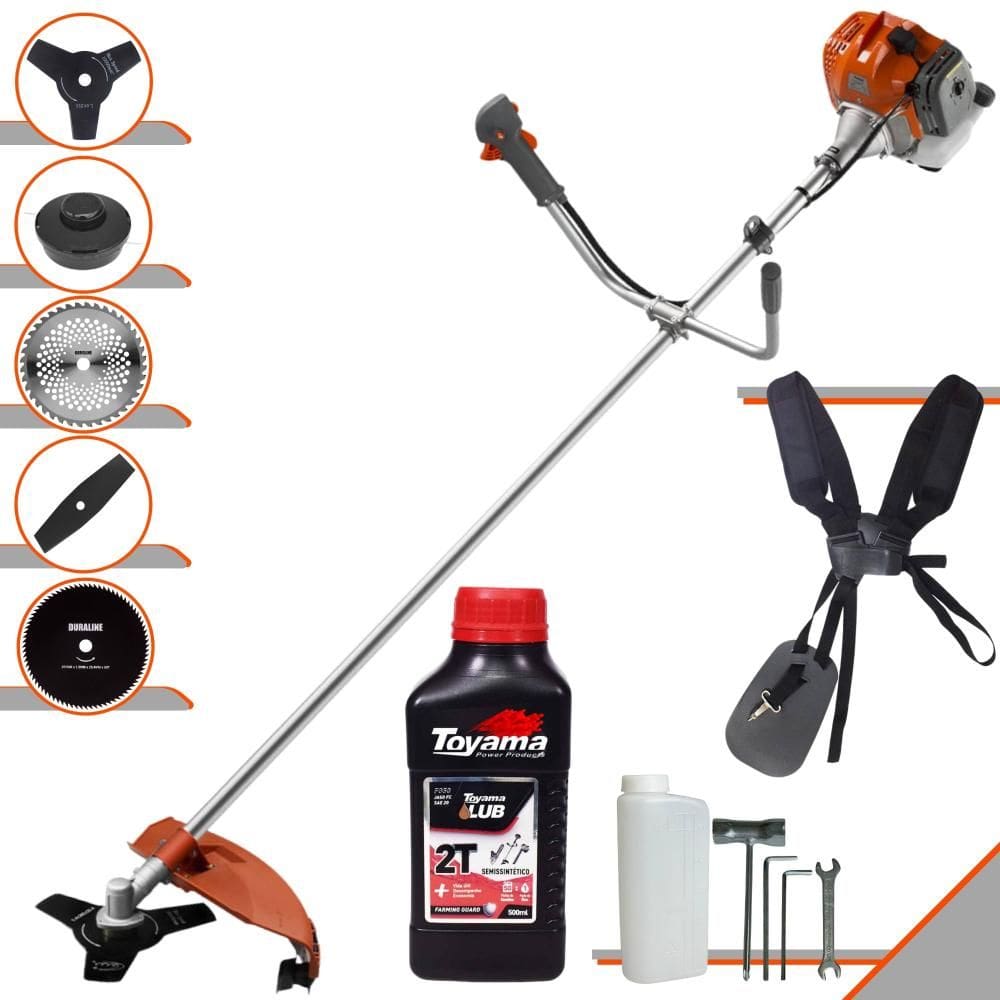 Roçadeira Tekna RL520ACG2 À Gasolina 52cc 2HP Com Faca 2 Pontas + Faca 3 Pontas + Faca 40 Dentes + Faca 80 Dentes + Carretel Nylon + ÓLEO TOYAMA 2T