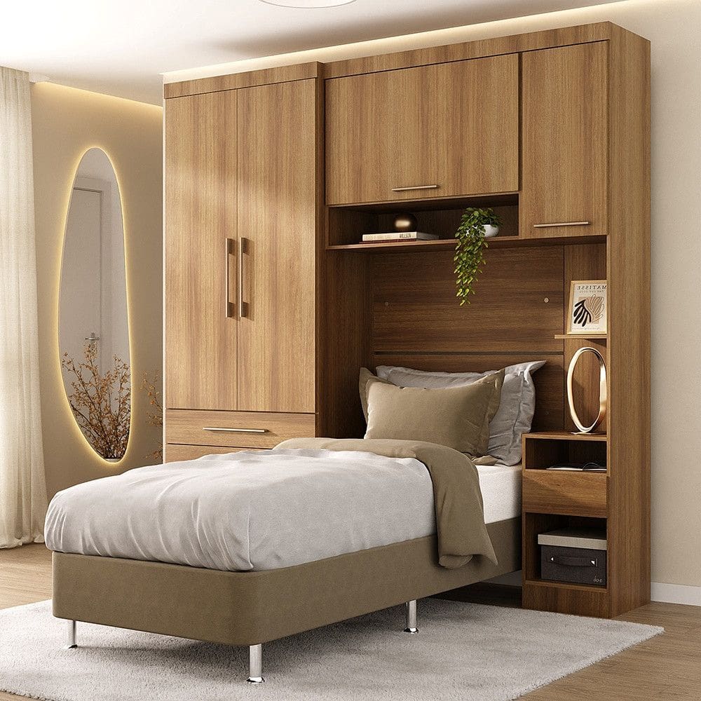 Quarto Modulado Solteiro com Guarda-roupas Maleiro e Cabeceira Paris Master Luciane Moveis