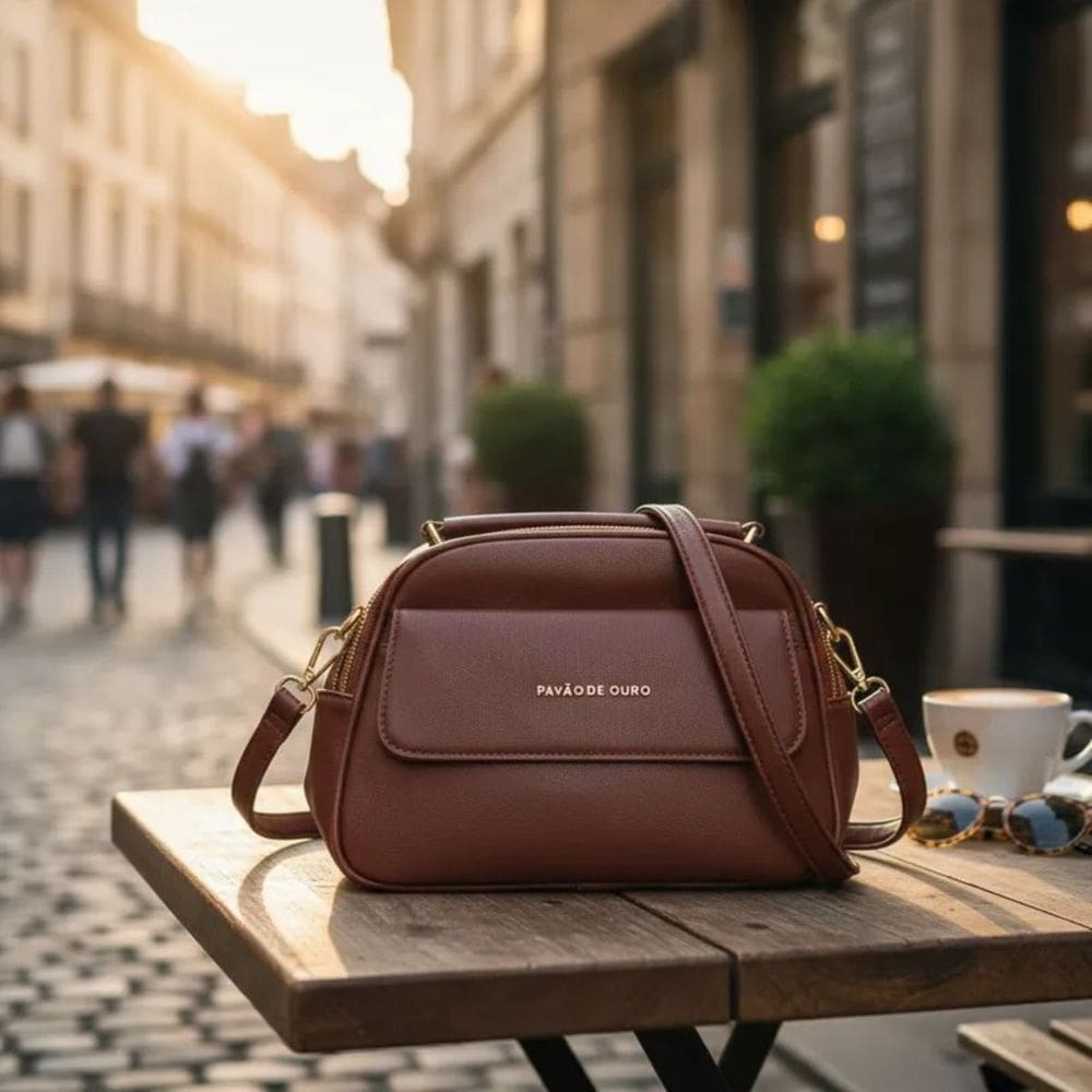 Bolsa feminina de ombro transversal de couro pavão de ouro