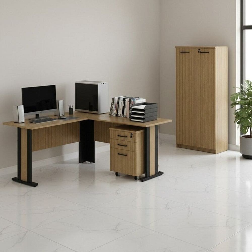 Conjunto 3 Peças 1 Gaveteiro com Rodizio 1 Armário Alto com Portas e 1 Mesa em L Espresso Móveis Amêndoa/Preto