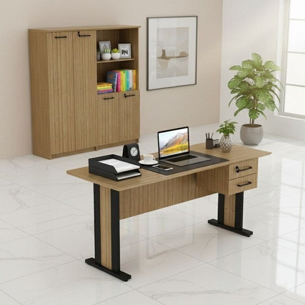 Conjunto 3 Peças 2 Armários com 4 Portas e Nicho e 1 Mesa com 2 Gavetas e Chave Espresso Móveis Amêndoa/Preto