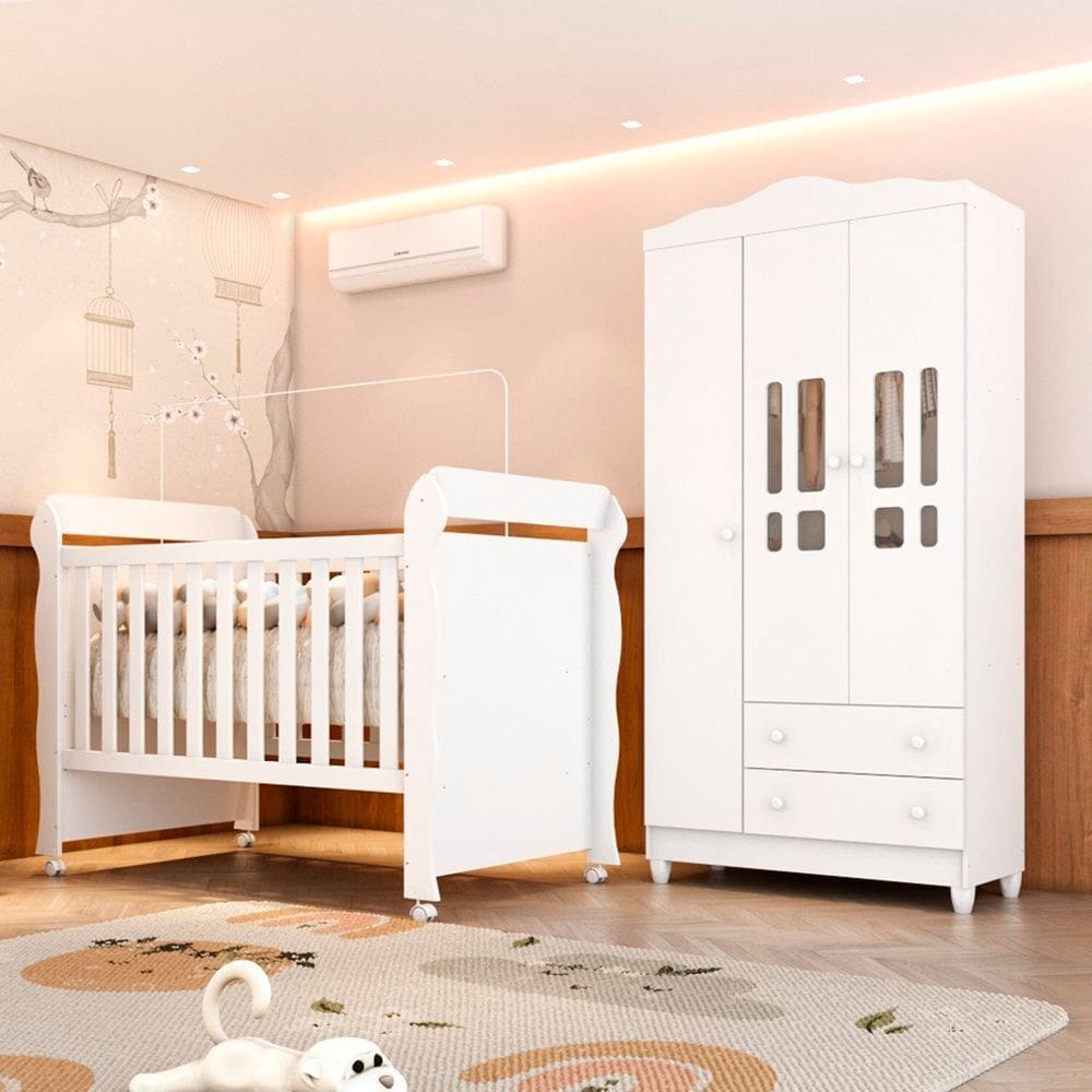 Quarto de Bebê Berço Mini Cama Americano 3 em 1 e Guarda-roupa 3 Portas em Mdf Mirelle Branco