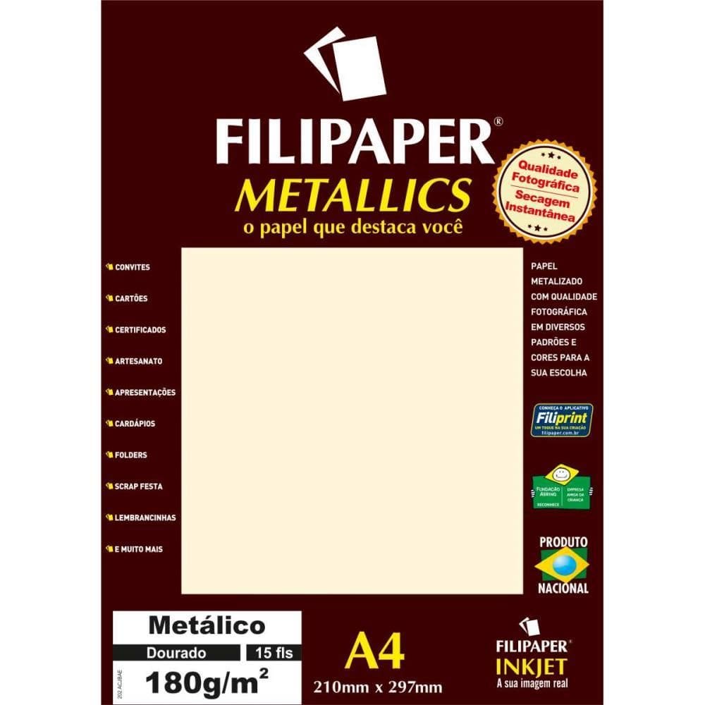 Papel A4 Metálico Dourado 180gr. 15 folhas - Filiperson