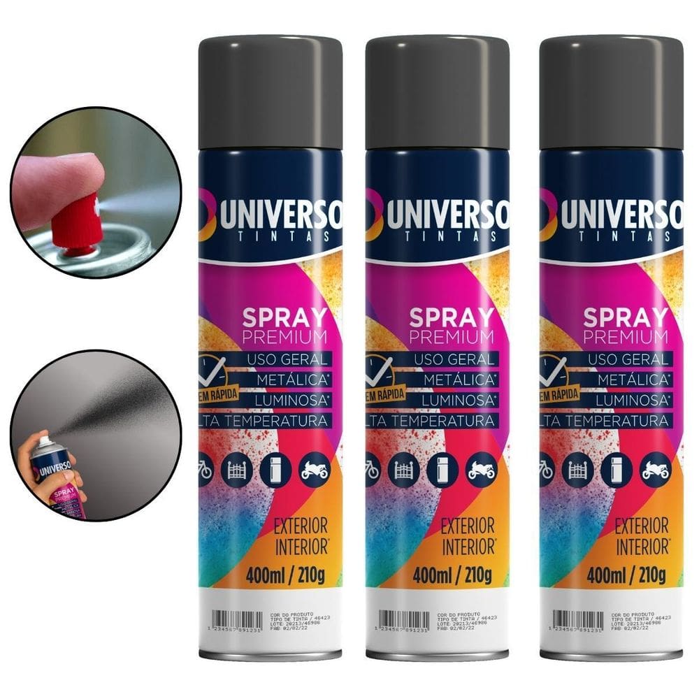 Kit 03 Latas Tinta Spray Preto Brilhante 400Ml Uso Geral