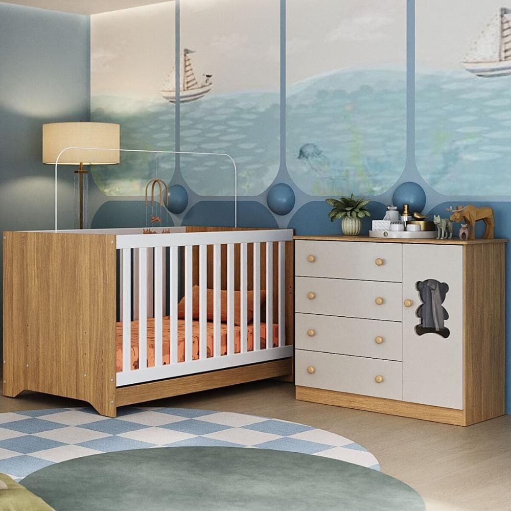 Berço Americano 3 em 1 com Cômoda 1 Porta 4 Gavetas Teddy Multimóveis MP4723