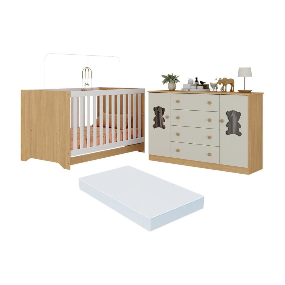 Berço Americano 3 em 1 com Colchão Incluso e Cômoda 2 Portas 4 Gavetas Teddy Multimóveis MP4735