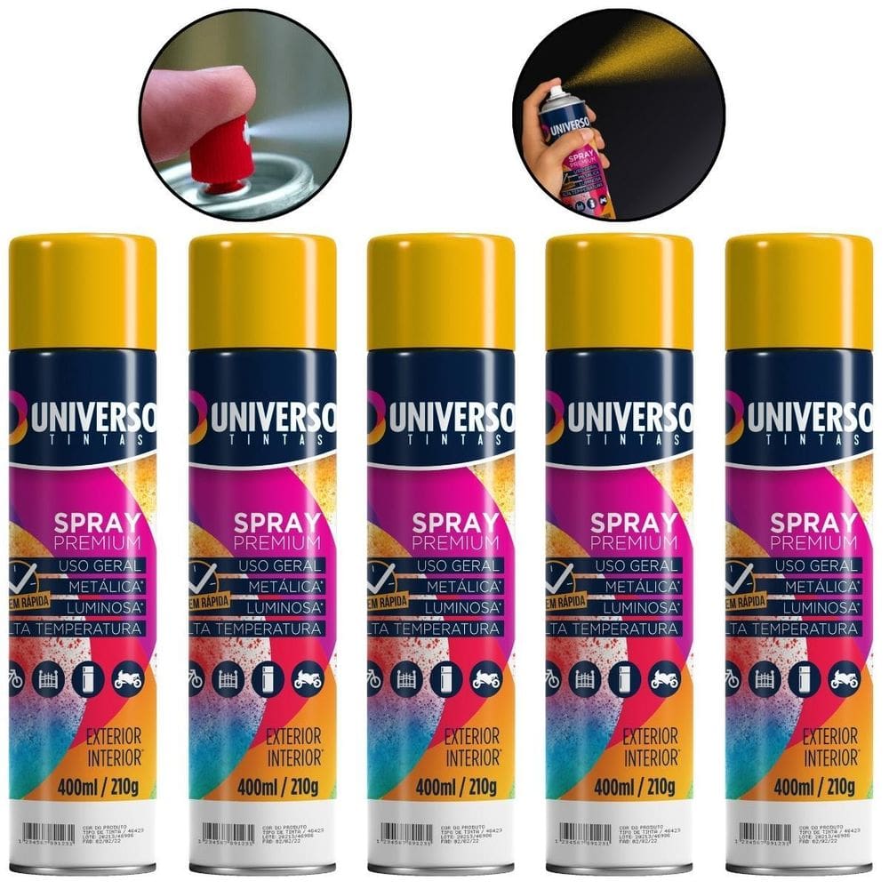 Kit 05 Latas Tinta Spray Amarelo 400Ml Uso Geral Aço Couro