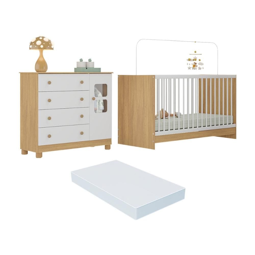 Berço 3 em 1 com Colchão Incluso e Cômoda 1 Porta 4 Gavetas Sol Multimóveis MP4752