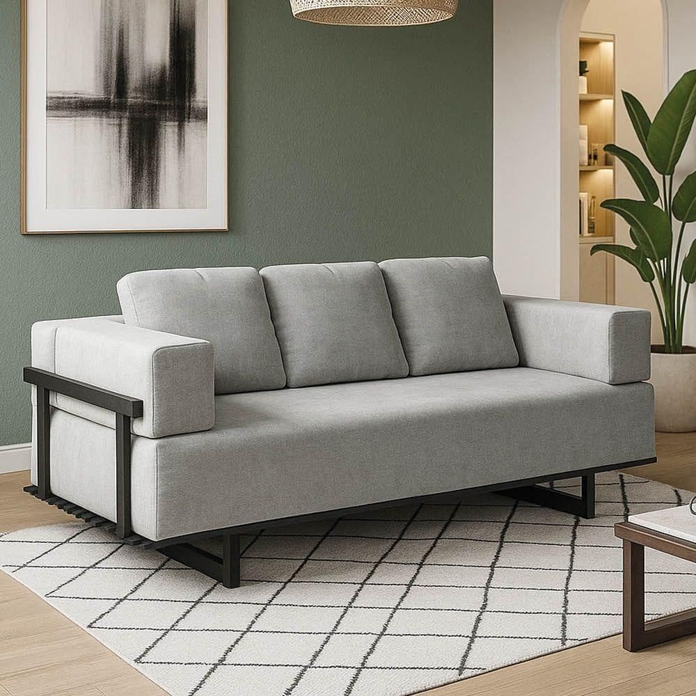 Sofá Cama 2 Lugares Living 200cm Base Industrial Sala Cherie Linho Cinza K01 - D`rossi