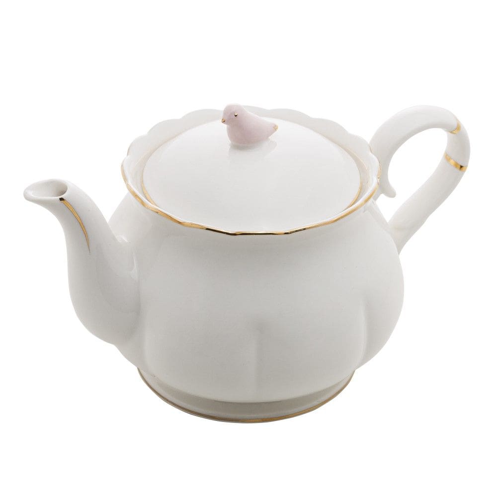 Bule Chá/Café Birds de Porcelana 1L Branco, Dourado e Rosa Wolff