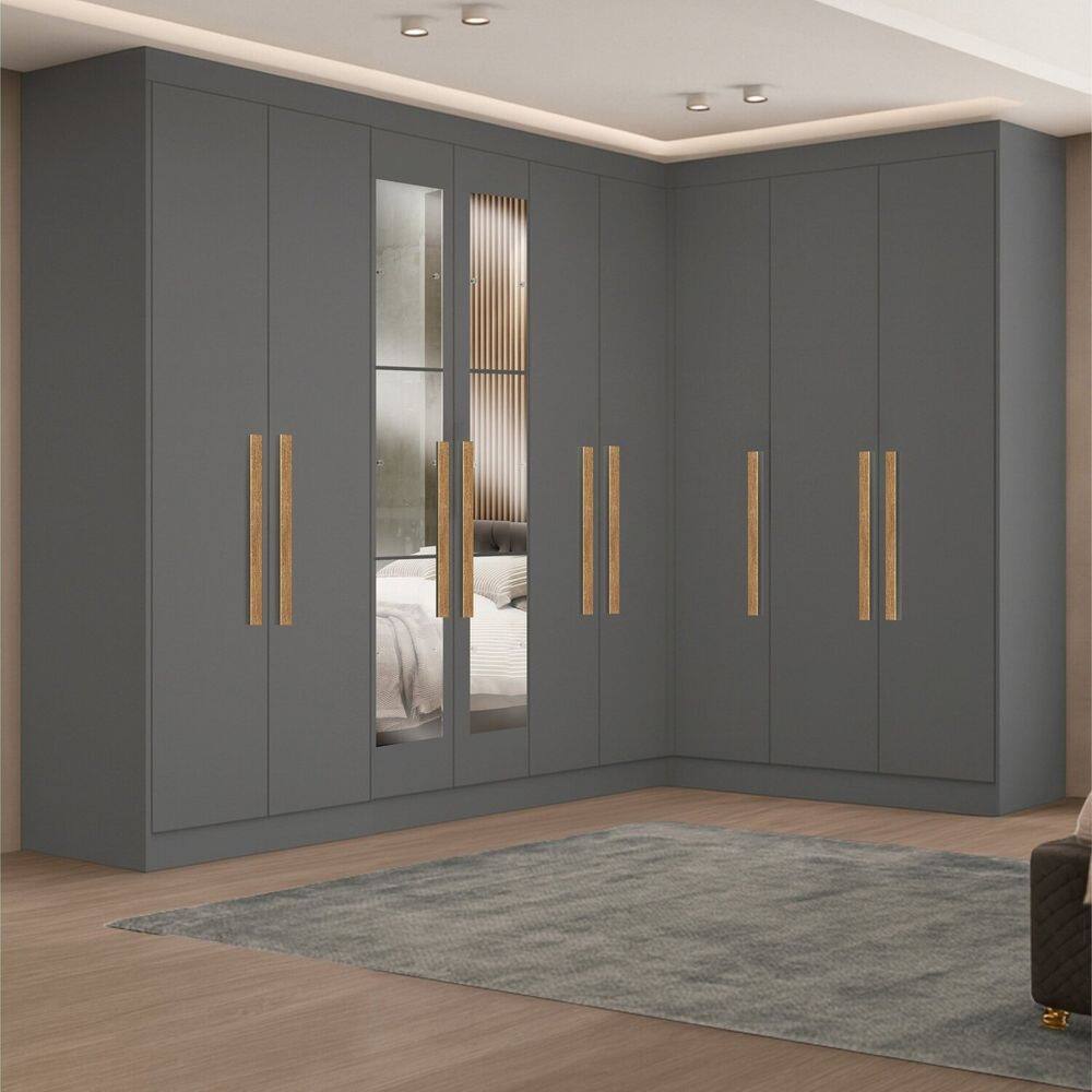 Guarda-roupa Modulado de Canto com Puxadores Mdf e Espelho Paris Onix