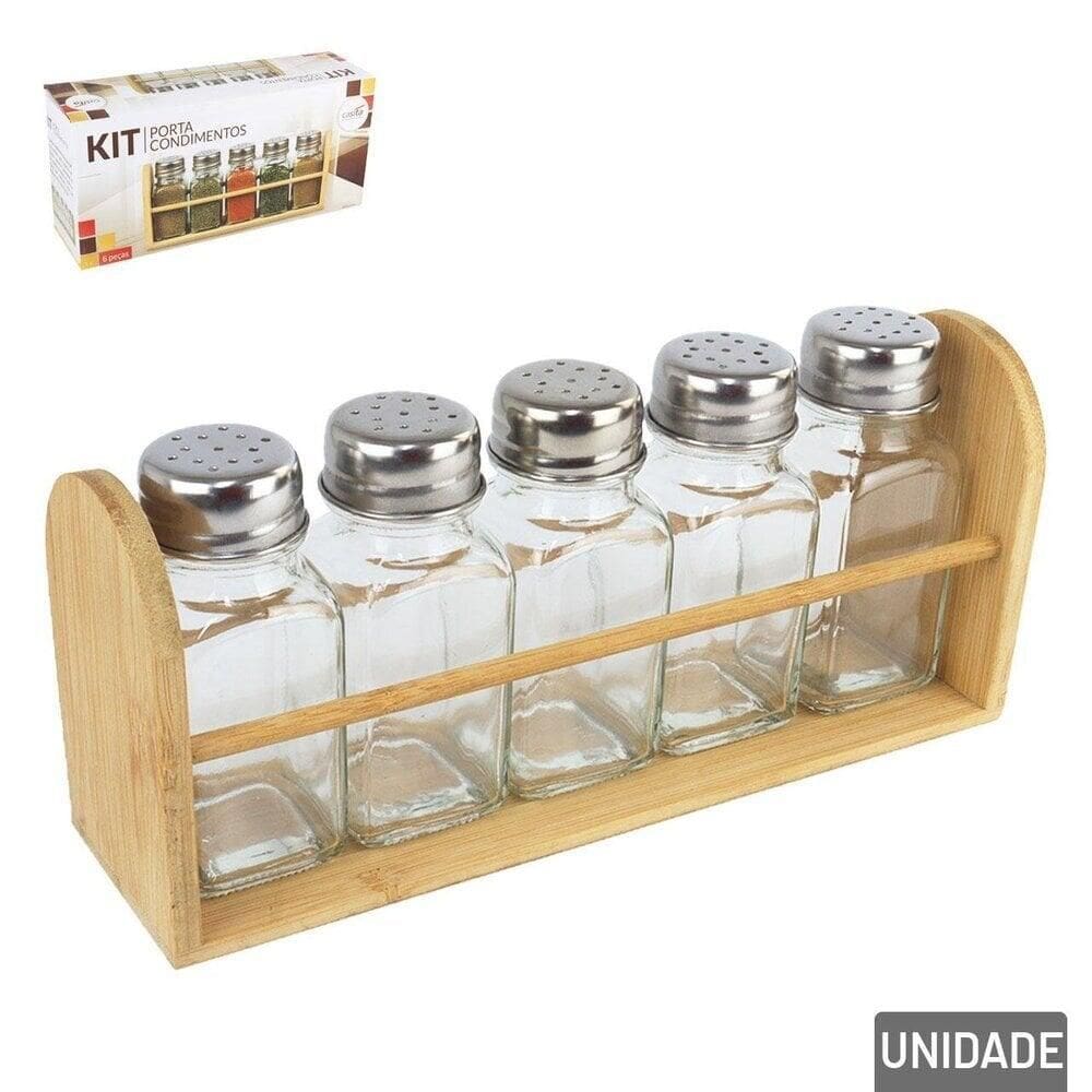 Porta Condimento Vidro 06 Pçs Suporte de Bambu - Tudo em Caixa