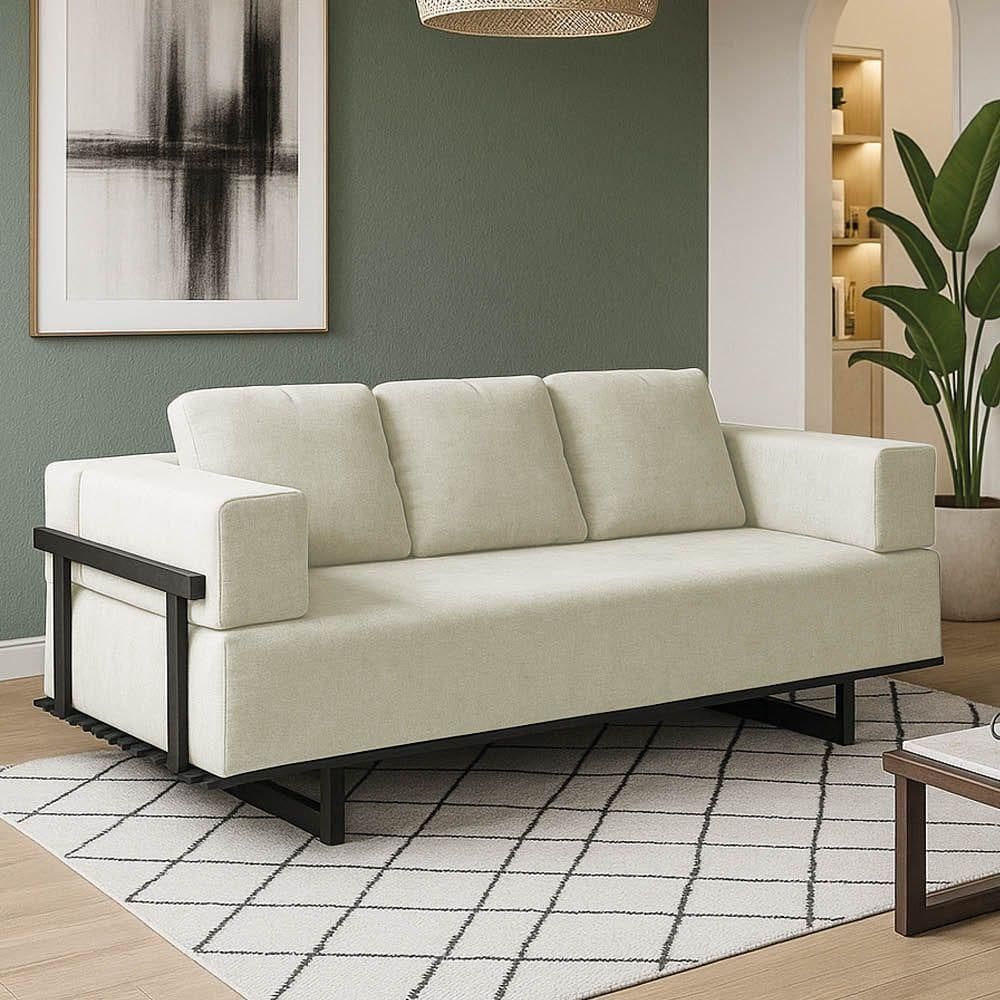 Sofá Cama 2 Lugares Living 200cm Base Industrial Sala Cherie Linho Bege K01 - D`rossi