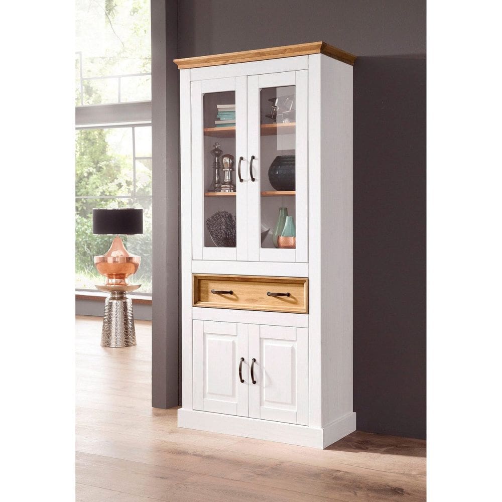 Cristaleira de Madeira Coleção England Branco/Natural