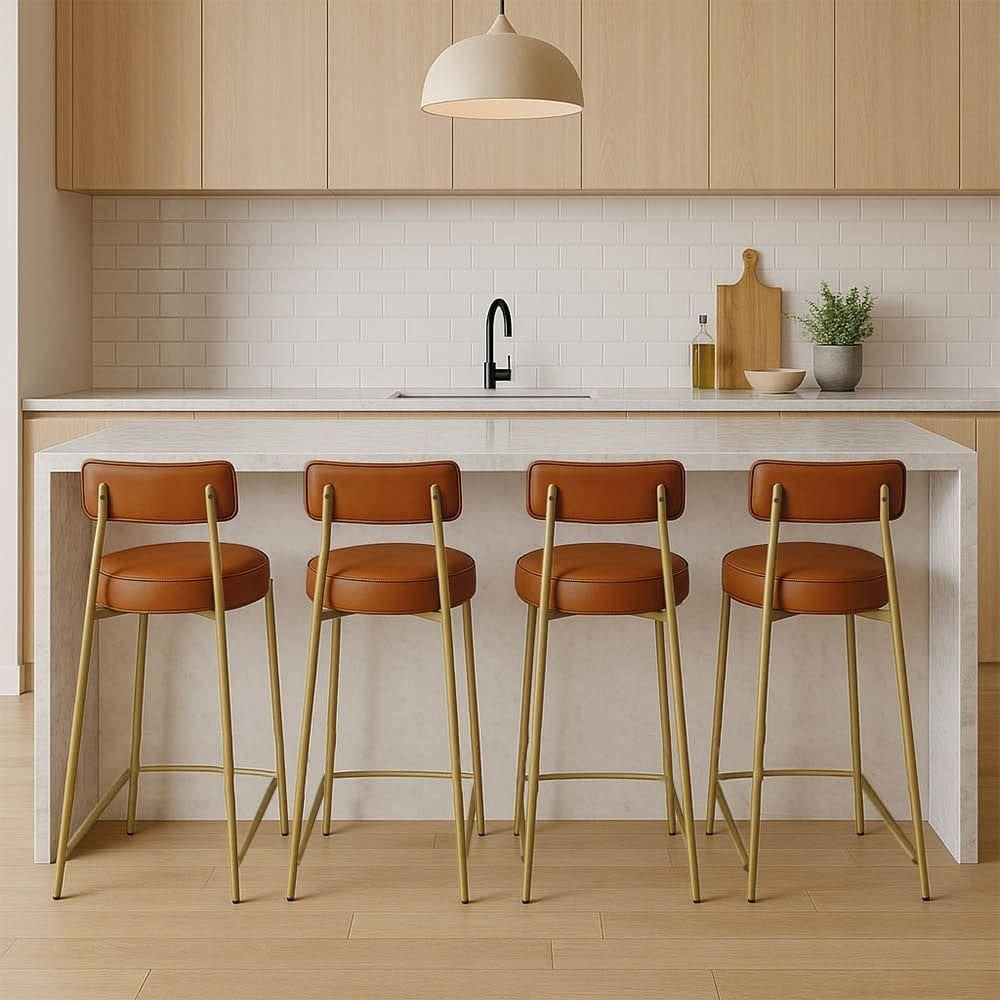 Banqueta Cozinha Alta Com Encosto Industrial Dourado Kit 4 Londres Pu Nozes D03 - D`rossi