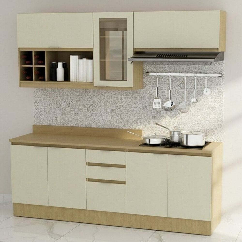 Cozinha Modulada 8 Peças 2 Aéreos 1 Balcão 120cm e 1 de 80cm com 2 Portas Rodapé e Tampo Marrom