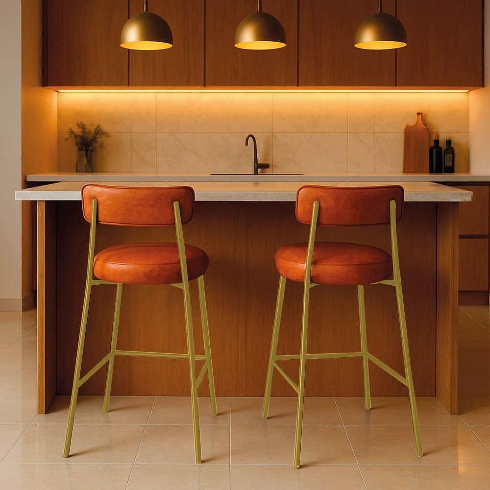 Banqueta Cozinha Média Com Encosto Industrial Dourado Kit 2 Londres Pu D03 - D`rossi Cor Nozes