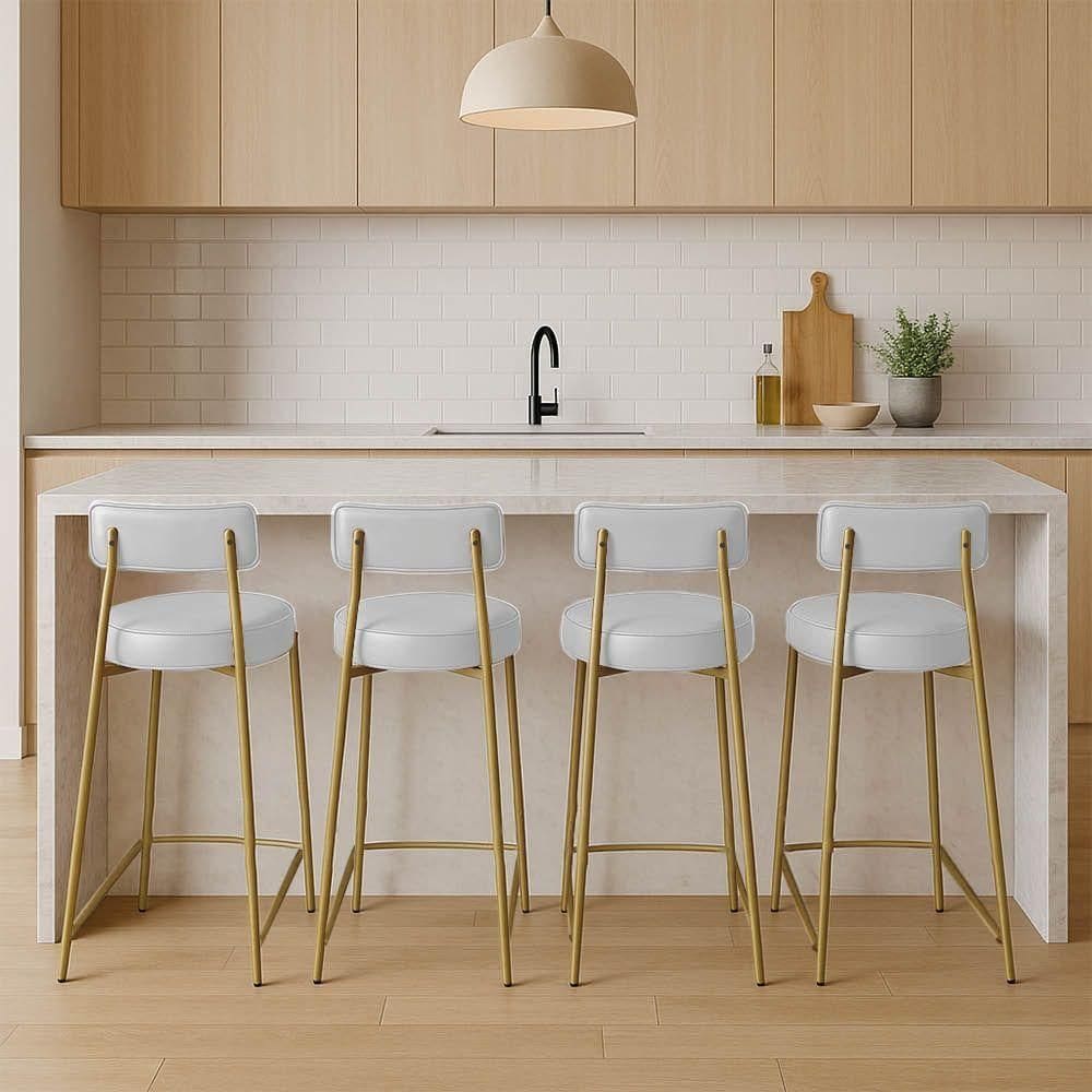 Banqueta Cozinha Alta Com Encosto Industrial Dourado Kit 4 Londres Pu D03 - D`rossi Branco